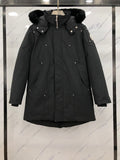 Moose Knuckles Men's Black Long Parka with Fur-Style Hood Trim