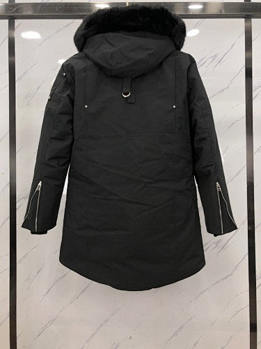 Moose Knuckles Men's Black Long Parka with Fur-Style Hood Trim