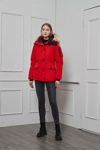 Canada Goose Women's Red Hooded Parka with Fur-Style Trim