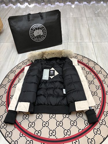 Canada Goose Women's Ivory Hooded Bomber Jacket with Fur-Style Trim