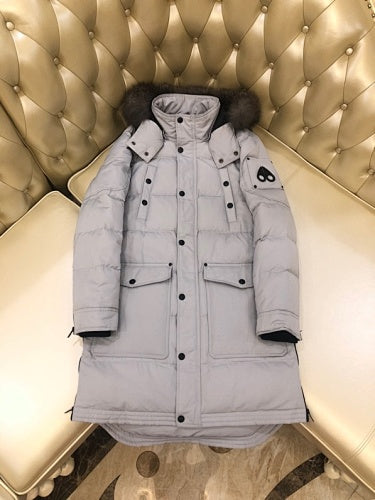 Moose Knuckles Light Gray Long Quilted Parka with Fur-Style Hood Trim