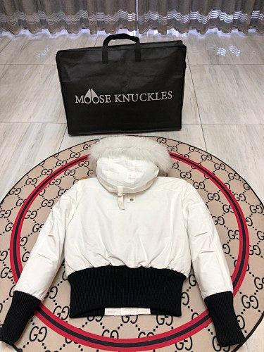 Moose Knuckles Women's White Hooded Bomber Jacket with Pom-Pom Details