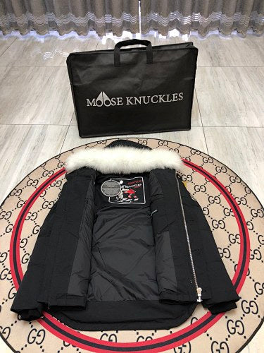 Moose Knuckles Men's Black Hooded Parka with White Fur-Style Trim