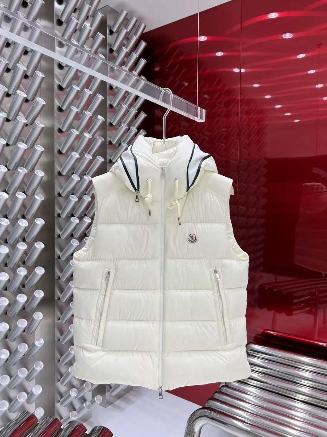 Moncler Hooded Down Vest with Logo Lettering - White
