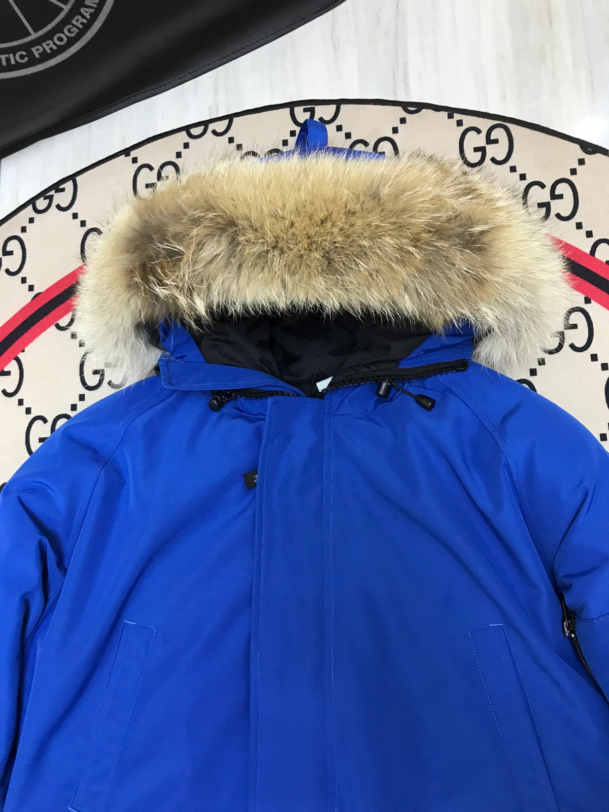 Canada Goose Chilliwack Blue Hooded Bomber Jacket with Fur-Style Trim